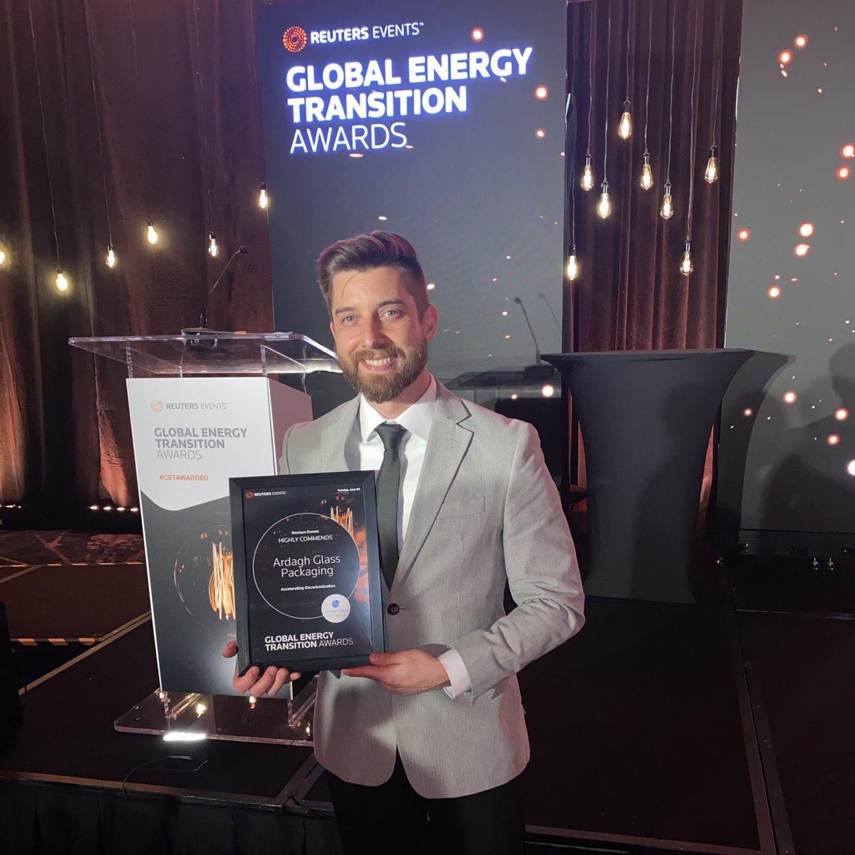 Delighted to have been highly commended by Reuters Events Energy Transition for 'Accelerating Decarbonization', recognising the progress #ArdaghGlassPackaging is making in decarbonising glass manufacturing.

#GETAwarded #energytransition #sustainability #decarbonisation