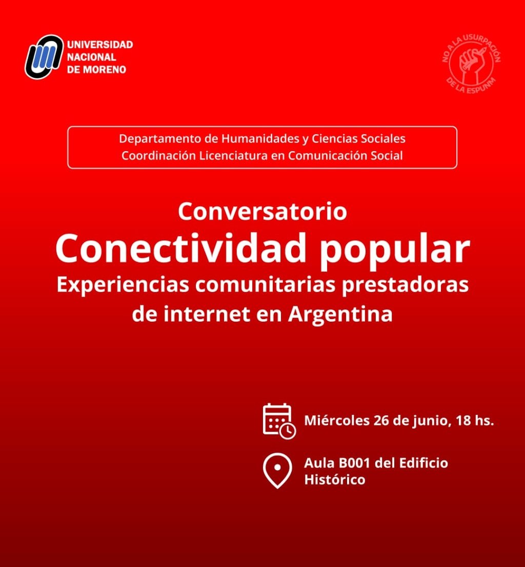 HOY A LAS 18!
🟠 Conversatorio sobre #RedesComunitarias de #internet en <a href="/unimoreno/">Universidad Nacional de Moreno</a> 

<a href="/jesica_giudice/">Giudice Jésica</a> presidenta de #AlterMundi estará junto a <a href="/MarulaB/">Mariela Baladron</a> y <a href="/diegodrossi/">Diego Rossi</a>

Contará sobre la importancia de pensar modelos de #conectividad desde y para las comunidades
#OtroMundoEsPosible