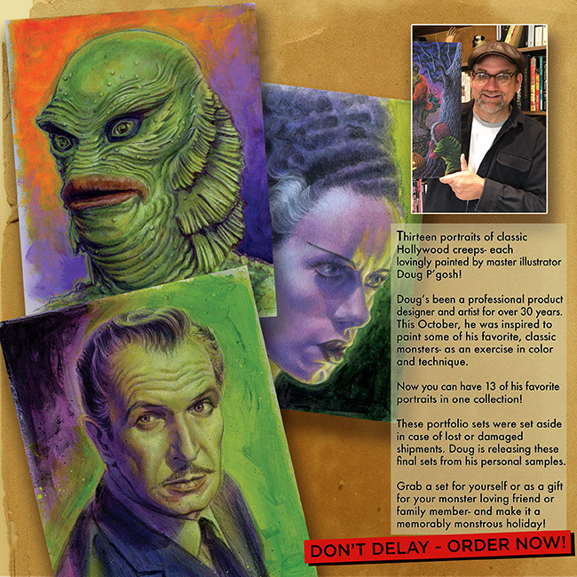 Unearthed from the art archive vault of Doug P'gosh, get your hands on the Limited Edition "Rough Cuts" Print Portfolio! 13 classic creeps 💀 each on their own 8"x10" full color heavy weight stock print &amp; signed. Don't delay, Shop Now 👉 bit.ly/RoughCutsPortf…

#horrormovies