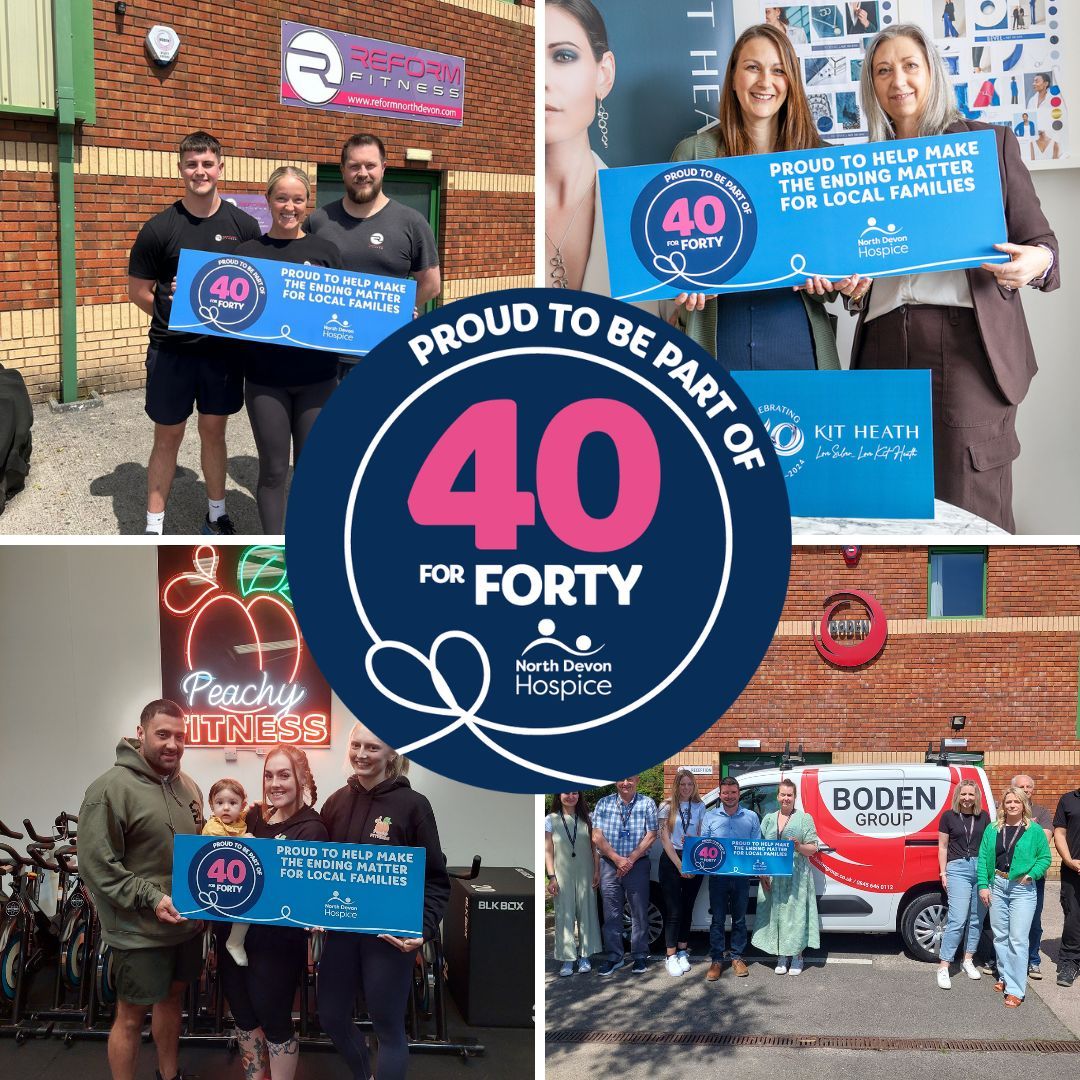 The warmest welcome to our newest 40 for Forty Business Club members; <a href="/reformtnh/">Reform Fitness</a>, <a href="/Kit_Heath/">Kit Heath Jewellery</a>, Peachy Fitness, <a href="/bodengroup/">Boden Group</a> 👏 If you'd like to stand alongside these wonderful businesses as 40 for Forty Club members, don't wait! Sign up today at northdevonhospice.org.uk.