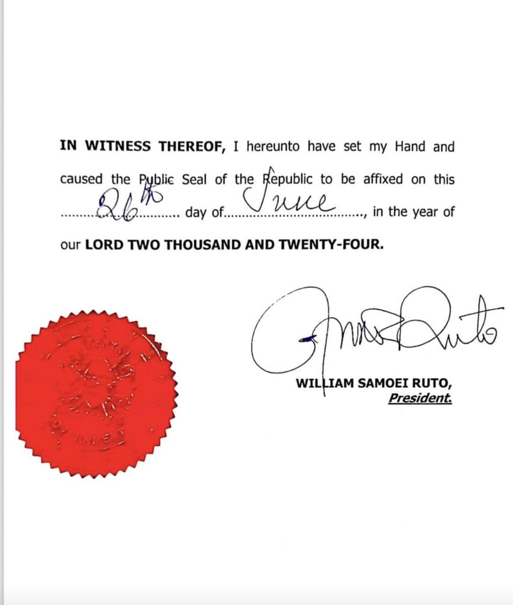 MigunaMiguna's tweet photo. Kenyans expect this signature and seal on your RESIGNATION LETTER tomorrow, Thursday, June 27, 2024. The people of Kenya have passed a VOTE of NO CONFIDENCE in you and the KK government. Zakayo, just #PackUpAndGo. Don’t cause more suffering, pain and death. #RutoMustGo https://t.co/HUlLAWBqt6