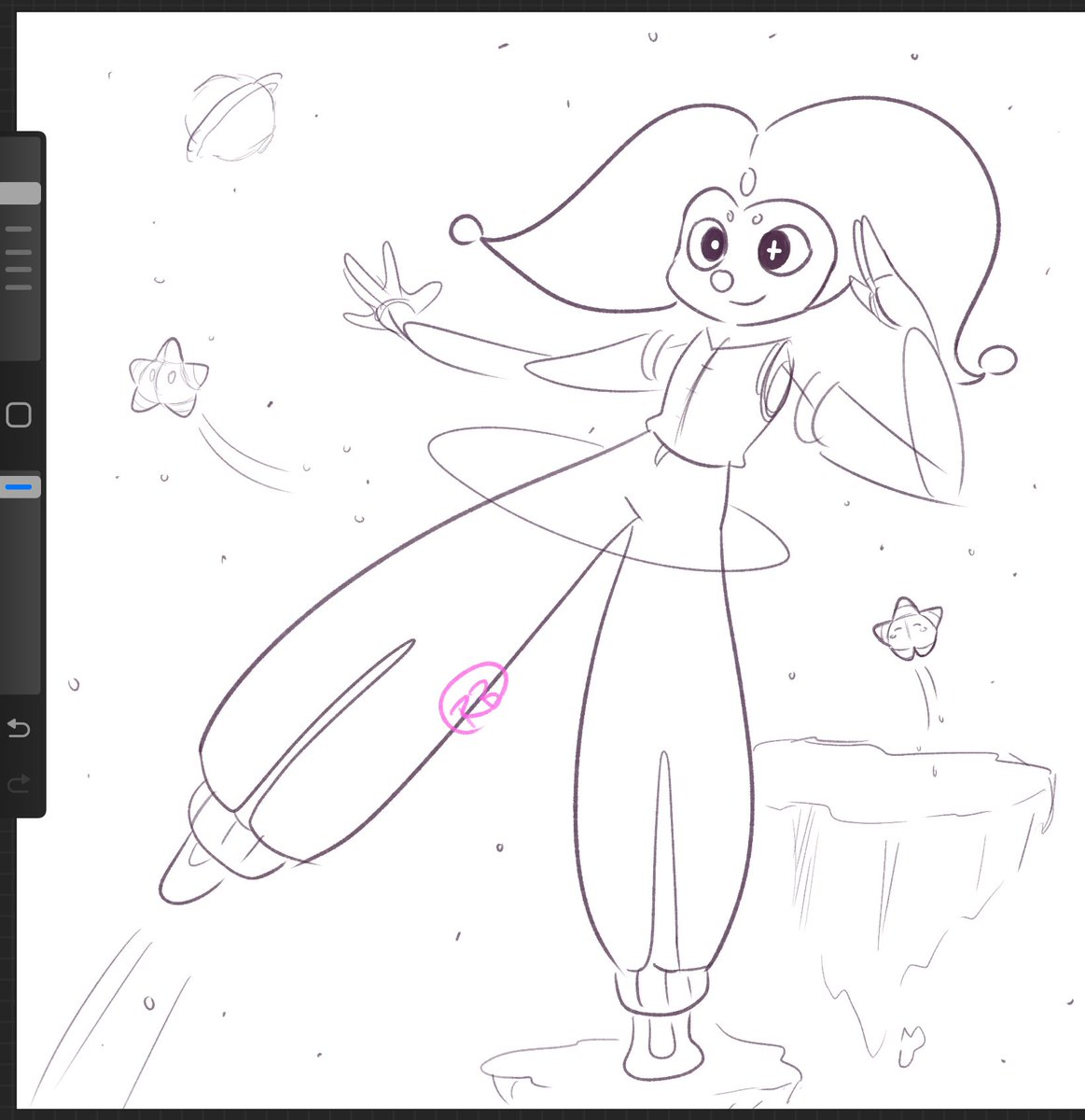 What is their name? 

I have this cute idea to draw a bunch of clowns with interdimensional-like powers. Like magical girls, but they are cute little clowns. 

This one can travel through space and time by jumping or walking through hoops.
#Clown #clownsona #anime #cartoon