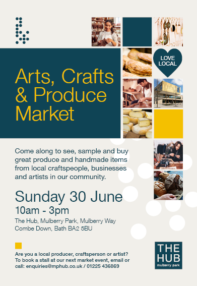 ONLY 4 MORE DAYS!!!

The Arts, Craft &amp; Produce Market is back at The Hub on Sunday 30 June from 10am-3pm.

Entry is free and our cafe will be open for delicious food and drink.

We will have traders outside the cafe this time as well as upstairs on the 1st floor.
