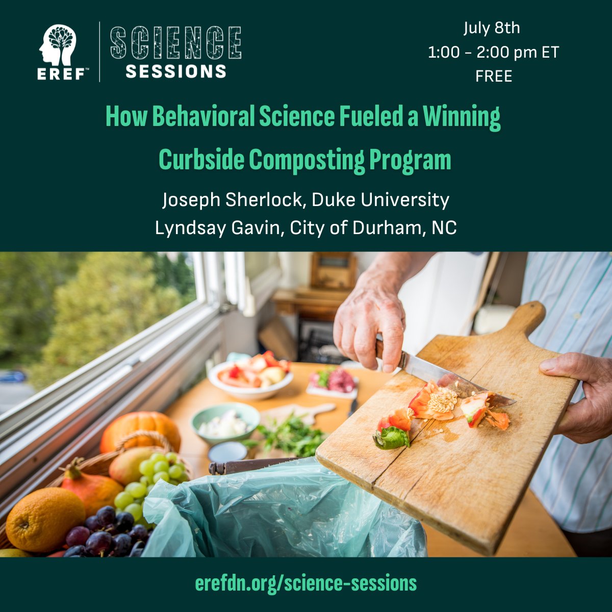 Science Session: How Behavioral Science Fueled a Winning Curbside Composting Program
With EREF Grantee Joseph Sherlock from Duke &amp; Lyndsay Gavin from City of Durham, NC

July 8 | 1:00 - 2:00 pm ET - FREE
Register now! 🔗dashboard.gotowebinar.com/webinar/328565…