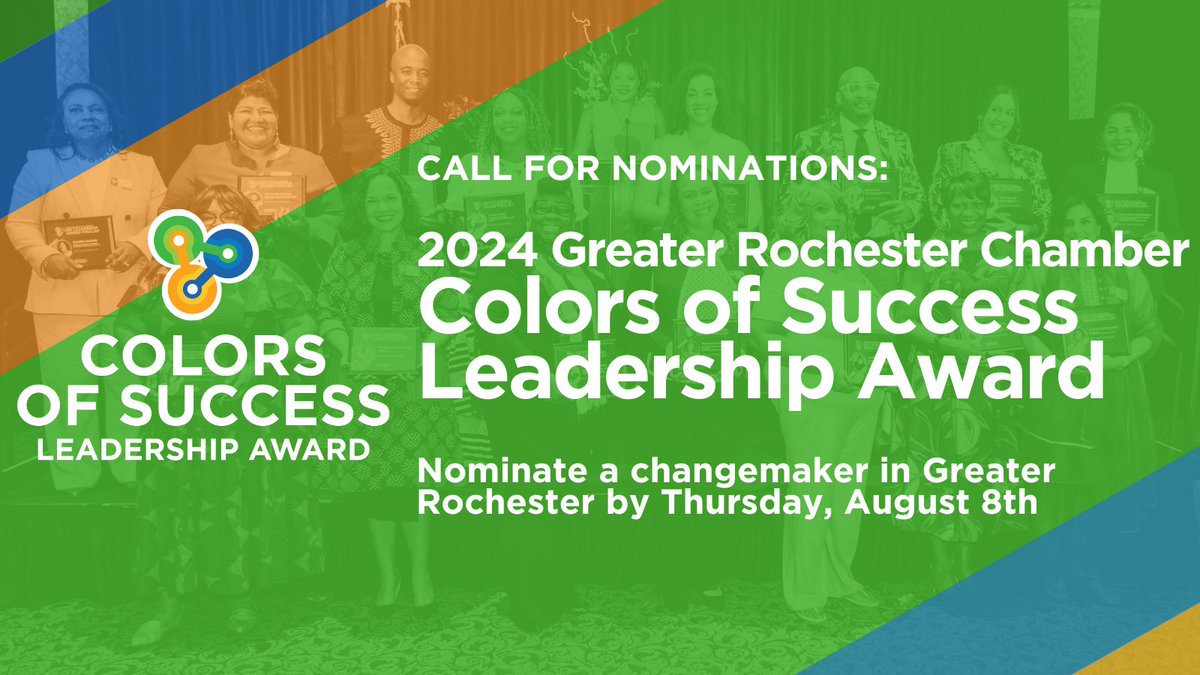 RochesterChambr's tweet photo. CALL FOR NOMINATIONS: The Colors of Success Leadership Award celebrates individuals who have shown outstanding leadership in fostering a sense of belonging, ensuring economic fairness, and promoting DEI in their workplace and #GreaterROC.

Learn more: https://t.co/ugJvMRzZrP https://t.co/KIXMxPlon1