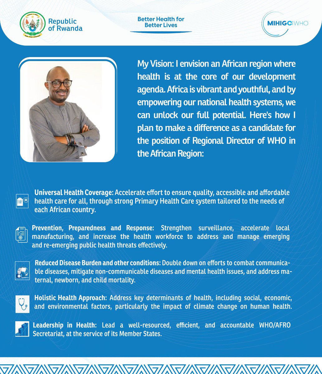 Following the announcement of my candidacy for the position of RD/AFRO, I’m excited to share my vision for a healthier Africa. With over three decades of dedication to public health, I’m committed to leveraging this rich experience to foster a healthier, more resilient Africa.