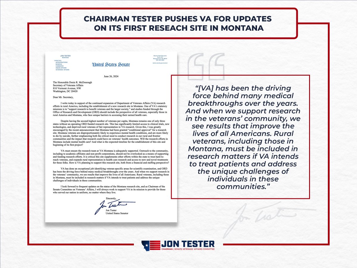 SVACDems's tweet image. Rural veterans must be included in VA research.

Chairman @SenatorTester is pushing VA for updates on its first research site in Montana, including if it will include mental health research to improve rural veterans’ health care and health outcomes. ⬇️