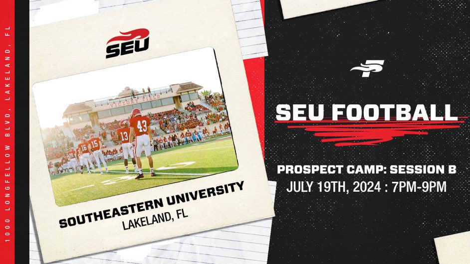 <a href="/SEUFireFootball/">Southeastern Football</a> Remaining Camp Dates: 
July 19th 

Session A: 10 AM - Noon
Session B: 7 PM - 9 PM

Link to register: 
fire.seu.edu/footballcamp
