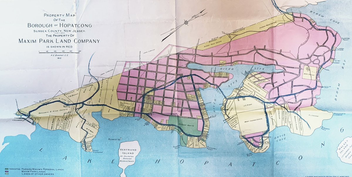 Interesting to see a visual (in pink) of how much Maxim’s Park Land Company owned of Hopatcong in 1912 (image from Hagley Museum and Library Archives). All of this was either developed or donated.

#LakeHopatcong #history