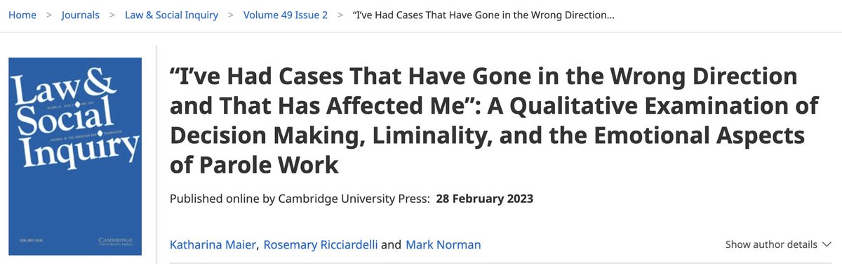 Law & Social Inquiry (@lsi_journal) on Twitter photo Parole work is perhaps the hardest but also most crucial part of criminal justice systems. In LSI’s latest issue,<a href="/KathMaier/">Katharina Maier</a> (<a href="/uwinnipeg/">UWinnipeg</a>) <a href="/R_Ricciardelli/">Rose Ricciardelli</a> and @markdavidnorman (<a href="/MemorialU/">Memorial University</a>) explore how parole officers experience their occupational authorities.bit.ly/3xniUuE Parole work is perhaps the hardest but also most crucial part of criminal justice systems. In LSI’s latest issue,<a href="/KathMaier/">Katharina Maier</a> (<a href="/uwinnipeg/">UWinnipeg</a>) <a href="/R_Ricciardelli/">Rose Ricciardelli</a> and @markdavidnorman (<a href="/MemorialU/">Memorial University</a>) explore how parole officers experience their occupational authorities.bit.ly/3xniUuE