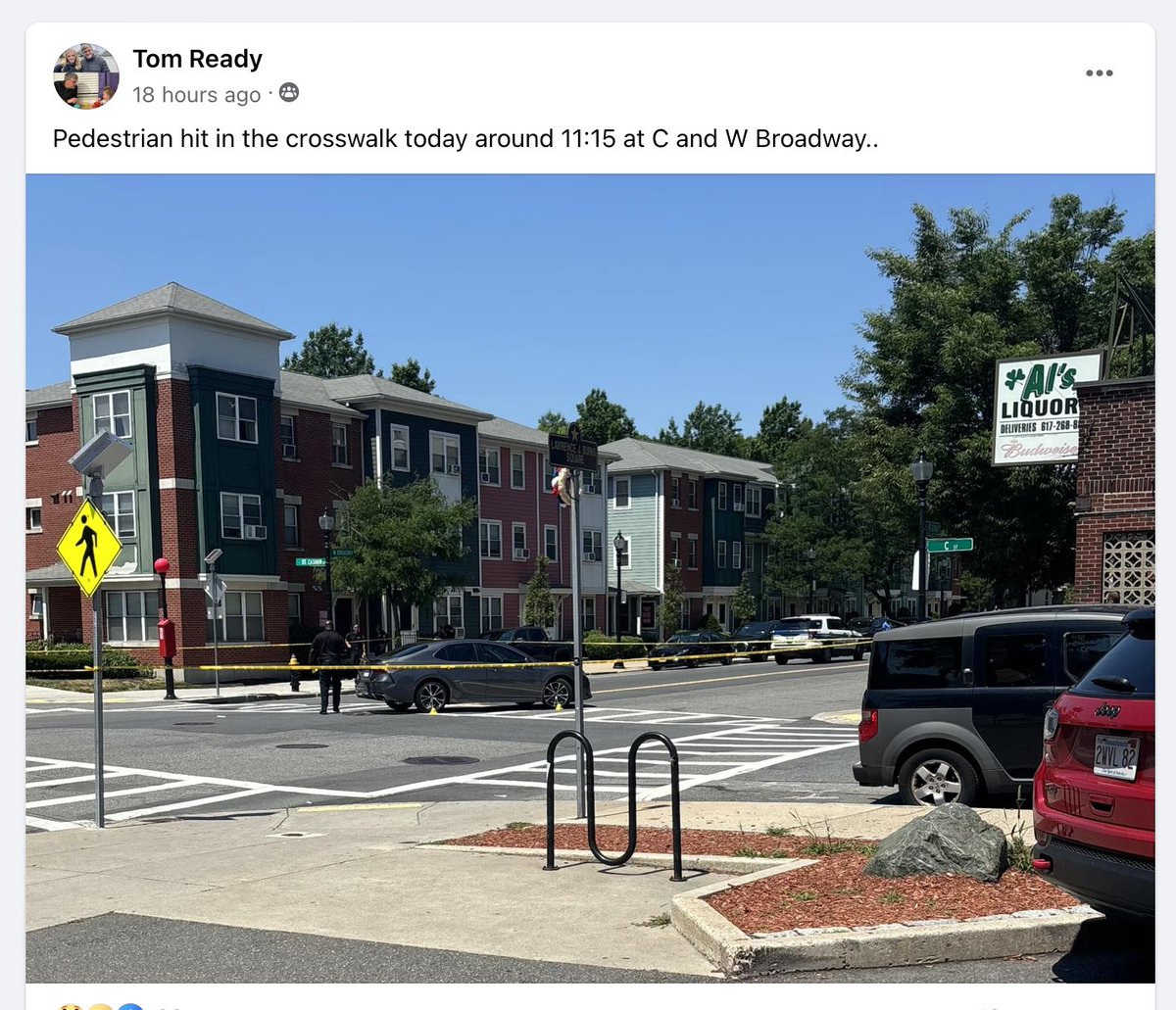 FortPointer's tweet photo. Report of a pedestrian hit by a driver in Southie yesterday. 

ALSO: "Alternate routes" for cyclists are mentioned again. Has groundwork been laid to identify "alternate routes," building support from residents living on these routes? If not, why not? 🤔

https://t.co/O2YYK9U933 https://t.co/qusXPAz7cd