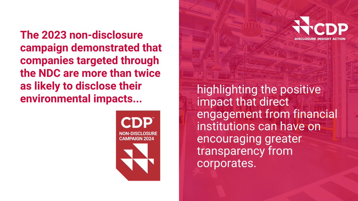 CDP’s annual Non-Disclosure Campaign harnesses the power of direct engagement from financial institutions to  drive corporate environmental disclosure. This year, FIs have asked almost 2,000 companies to disclose.

Learn more: ow.ly/pozu50SoW6L

#CDPNonDisclosure