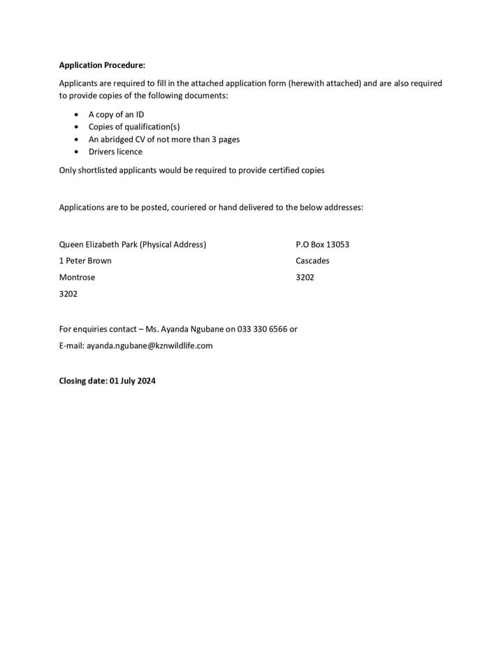 Ezemvelo KZN Wildlife invites unemployed graduates to apply for an Work Integrated Learning.

Closing Date 01 July 2024

Refer to pictures