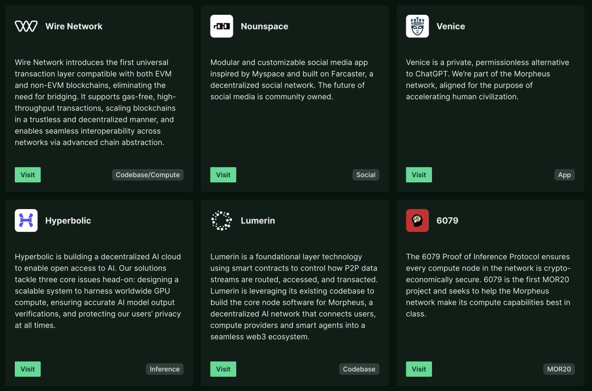 <a href="/jasonjzhao/">Jason Zhao</a> So many high Signal DeAI projects in the Morpheus ecosystem: 
<a href="/AskVenice/">Venice</a>
<a href="/6079ai/">6079ai</a>
<a href="/nounspacetom/">nounspacetom.eth ⌐◨-◨</a> 
<a href="/Wire_Blockchain/">Wire Network</a> 
<a href="/HelloLumerin/">Lumerin Protocol</a> 
<a href="/hyperbolic_labs/">Hyperbolic</a>