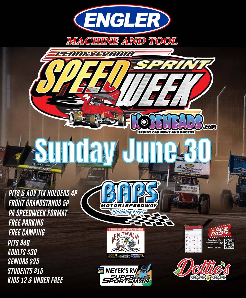 bapsrace's tweet image. ‼️ Retweet this post for a chance to win 2 Free Grandstand tickets this weekend! Drawing ends 9pm tonight‼️ 

@EnglerMachine presents PA Speedweek presented by @hosehead33 

🗓️ Sunday June 30
⏰ Racing at 7pm
🏎️ 410 Sprint Cars &amp;amp; Super Sportsman 
📺 SPRINTCARUNLIMITED.tv
