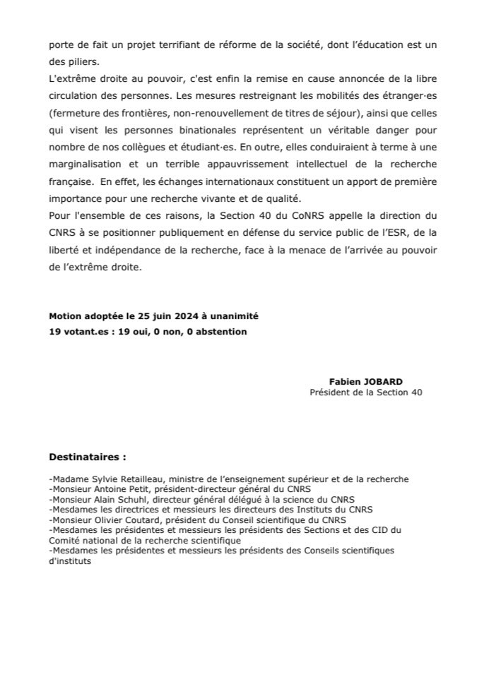 🚨 Appel à la résistance contre l’extrême-droite au pouvoir

➡️ Motion de la Section 40 #sciencepolitique CoNRS
cnrs.fr/comitenational…

#ESR #LegislativesAnticipees2024 #RN #SHS #CNRS