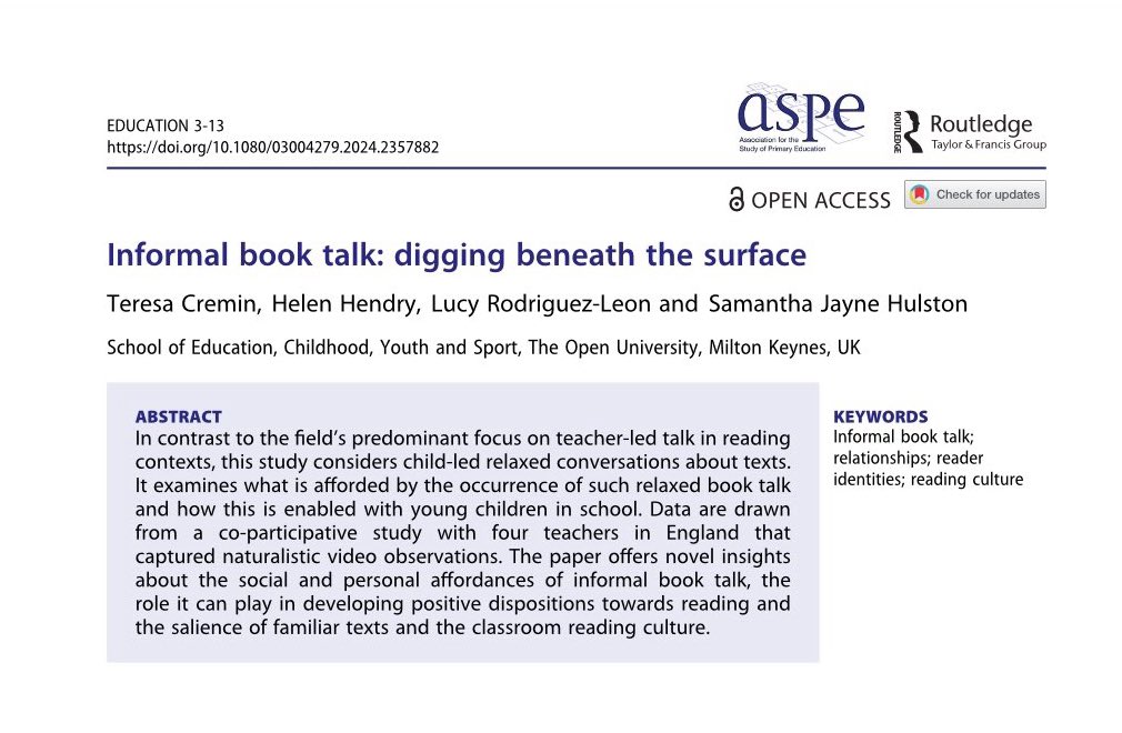 Informal Book Talk Matters 
NEW Paper   📚 Open Access 📚
tandfonline.com/doi/full/10.10… 📚 Book Blether supports #ReadingForPleasure 📚But how to nurture it? <a href="/eduHelenHendry/">Helen Hendry</a> @lucyRL47 Sam Hulston 📚