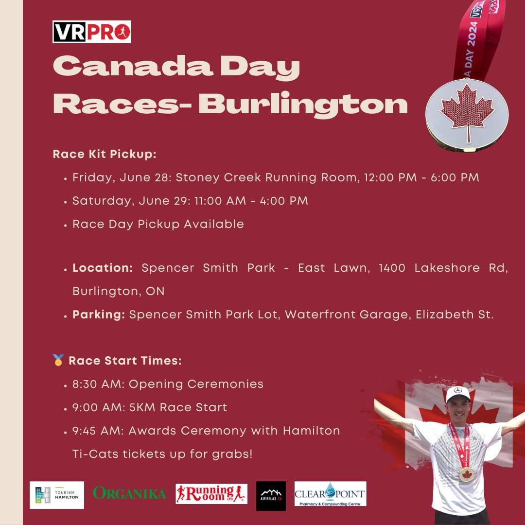 🇨🇦 Ready to run/walk in Burlington? Pick up your race kit starting June 28 and get set for the Canada Day Races Part 1! 🏃‍♀️🍁

📍 Spencer Smith Park, Burlington, ON
🔗 More details at 1l.ink/JSLJ46Q

#CanadaDay2024 #Burlington5K #RunCanada s #VRPRO