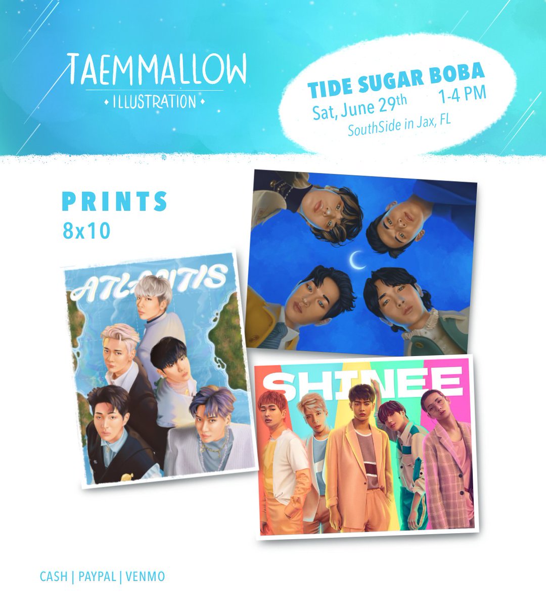 taemmallow's tweet photo. ✨ Event Information ✨
This Saturday, June 29th I will have a booth with prints, stickers and bookmarks at Tide Sugar Boba in Jax, Fl from 1-4 pm! Here is my inventory! It's my first time so shares are appreciated! 
#SHINee #SHINeeFanart #kpopevent #shineecupsleeve #fanart https://t.co/iJeFZXZXm1