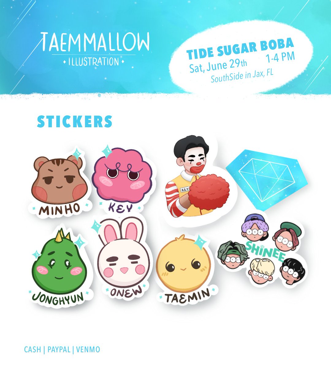 taemmallow's tweet photo. ✨ Event Information ✨
This Saturday, June 29th I will have a booth with prints, stickers and bookmarks at Tide Sugar Boba in Jax, Fl from 1-4 pm! Here is my inventory! It's my first time so shares are appreciated! 
#SHINee #SHINeeFanart #kpopevent #shineecupsleeve #fanart https://t.co/iJeFZXZXm1