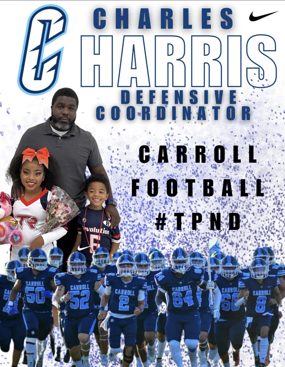 Tiger family, we are excited to announce Charles Harris will be our new Defensive Coordinator!  <a href="/CoachBlak24/">Charles Harris III</a> <a href="/CNeatherlin/">Cal Neatherlin</a> <a href="/CoachGarcia_51/">Tommy Garcia</a> <a href="/Arredondo_CHS/">Robert M. Arredondo</a> <a href="/mycarrolltigers/">Mary Carroll High School</a>  #TPND
