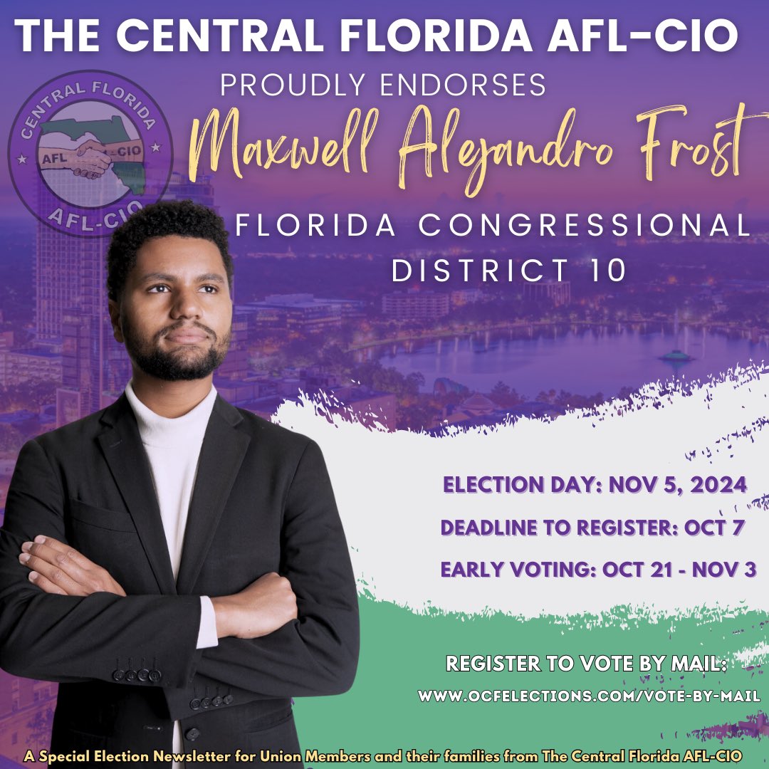 MaxwellFrostFL's tweet image. Proud to have the support of the @FLAFLCIO for my re-election! I’m proud to have joined local Union members on the picket, at events, and in working for legislation that centers working families. Solidarity is a verb. #UnionYES