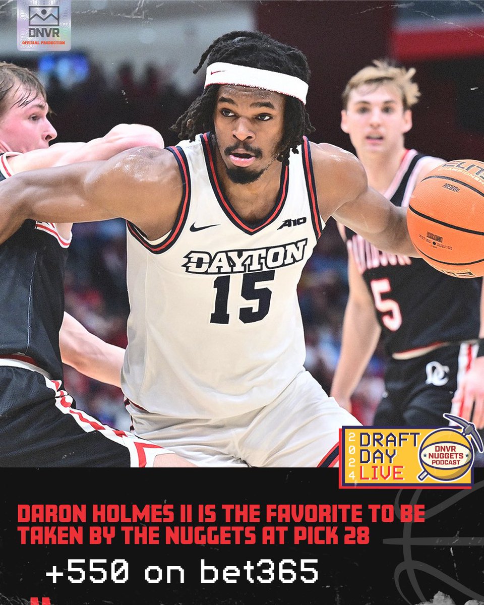 DNVR_Nuggets's tweet photo. Dayton PF DaRon Holmes is the current betting favorite to be taken by the Nuggets at 28
(via @bet365_us) #DraftDay24 https://t.co/cHhM4WyFAV