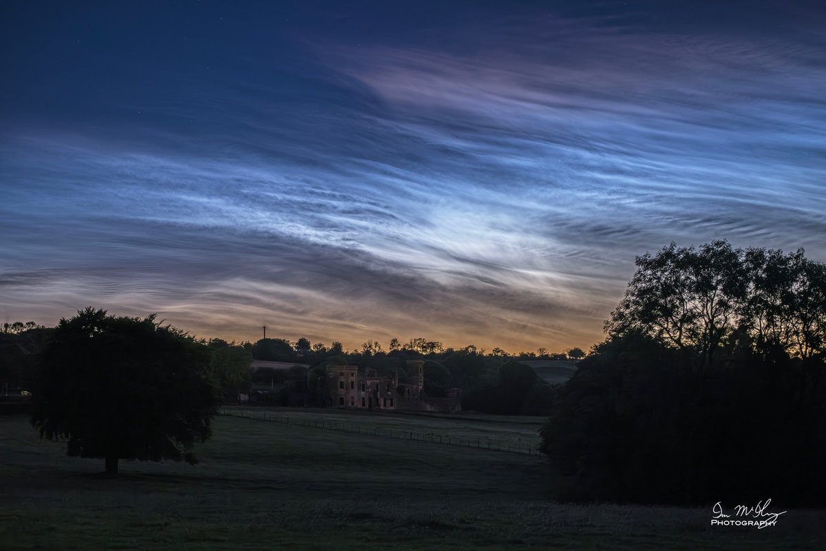 Last night’s amazing noctilucent cloud display, shimmering across the sky above Kilwaughter Castle, Larne! <a href="/barrabest/">Barra Best</a> <a href="/WeatherCee/">Cecilia Daly</a> <a href="/angie_weather/">angie phillips</a> <a href="/bbcniweather/">BBC NI Weather</a> <a href="/Louise_utv/">Louise Small</a> <a href="/WeatherAisling/">Aisling Creevey</a> <a href="/ILoveLarne/">I Love Larne</a> <a href="/ArmaghPlanet/">(old handle) Armagh Observatory & Planetarium</a>
