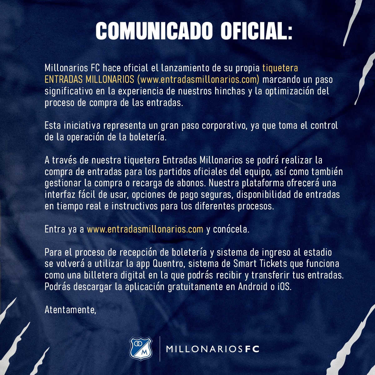 ¡Familia azul, en Millonarios comienza una nueva era! Ⓜ️💙⚡

El lanzamiento de Entradas Millonarios, nuestra propia tiquetera. 🎟️🏟️

Lo soñamos, lo creemos, lo alcanzamos.

millonarios.com.co/comunicado-de-…