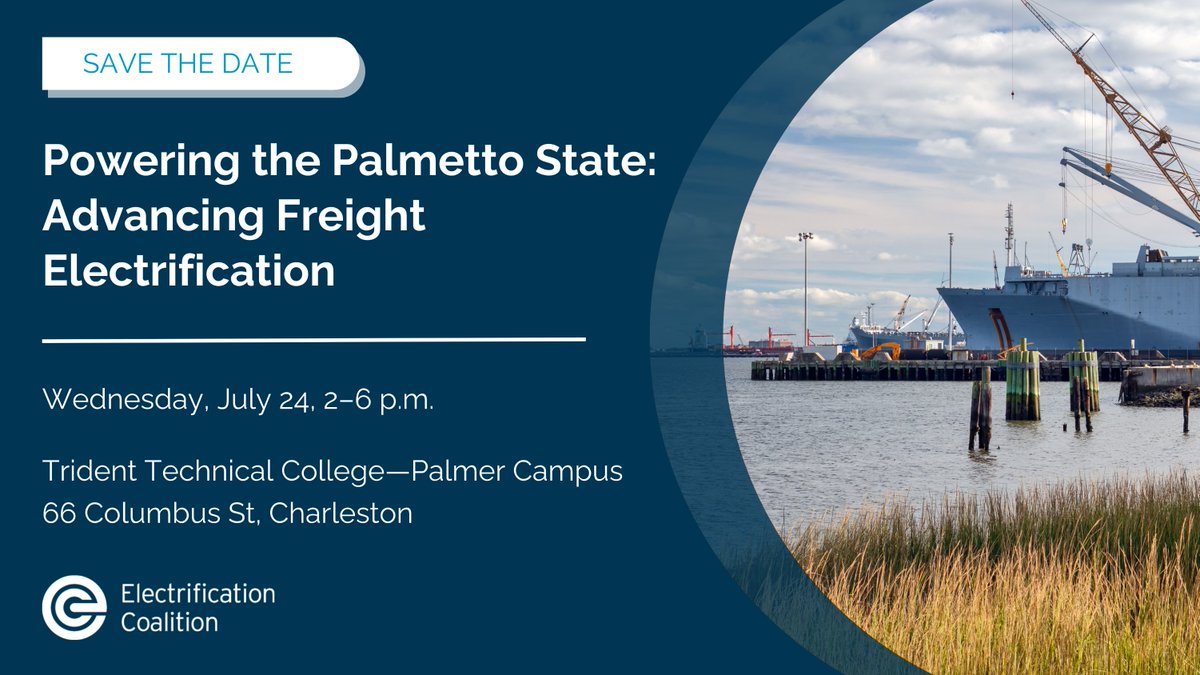 Join the EC’s free workshop on freight electrification in Charleston on July 24, 2–6 p.m. Learn from experts and discuss progress already being made toward an electrified transportation sector in South Carolina!
View the full agenda and register here: bit.ly/3zeZE2R