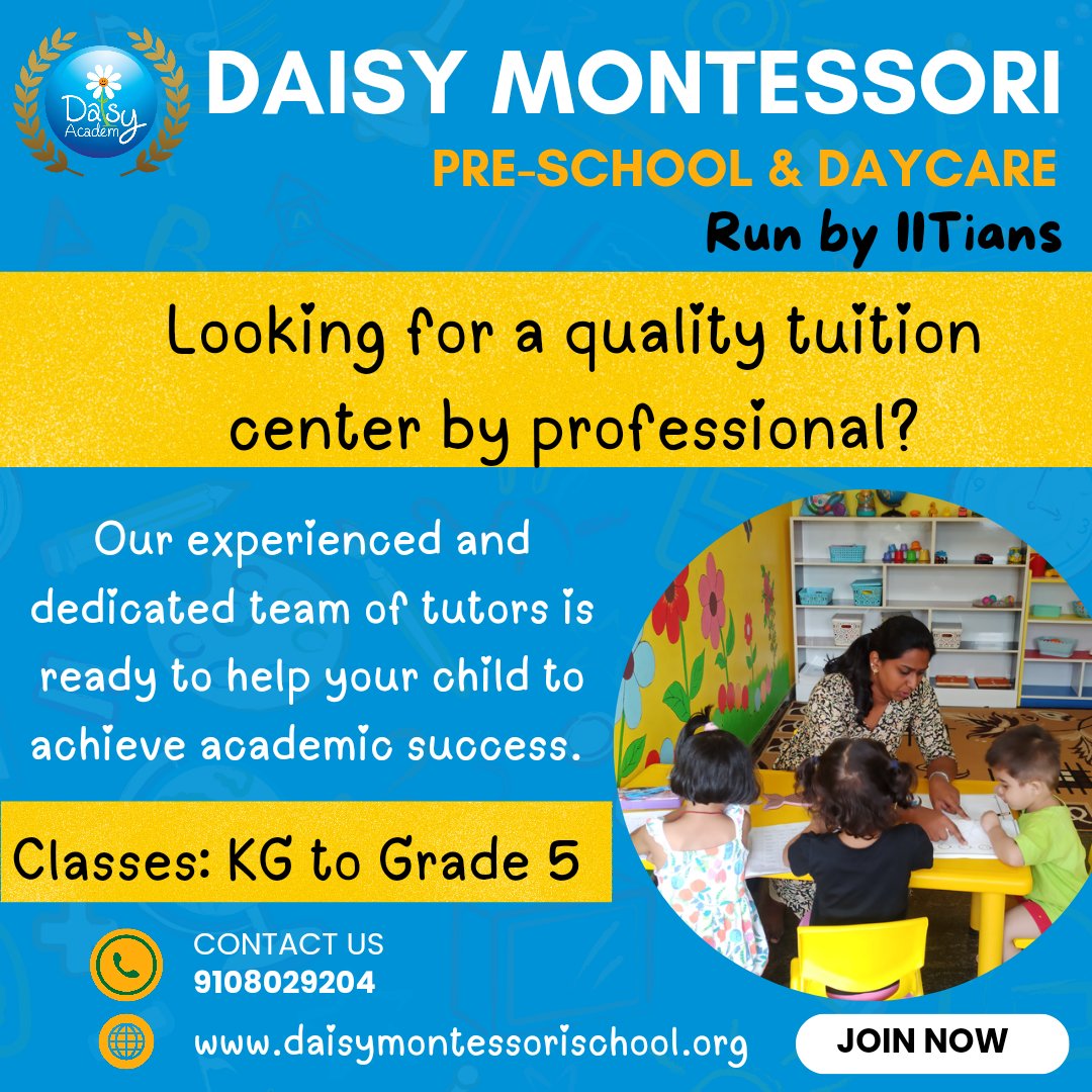 MontessoriDaisy's tweet image. 📚✨ Exciting Tuition Classes at Our Preschool! ✨📚

Is your child in Kindergarten to Grade 5? Unlock their full potential with our expert tuition classes! 

📞 Contact us on  9108029204  for more details!
daisymontessorischool.org 

#Preschool #TuitionClasses #Education #Learn