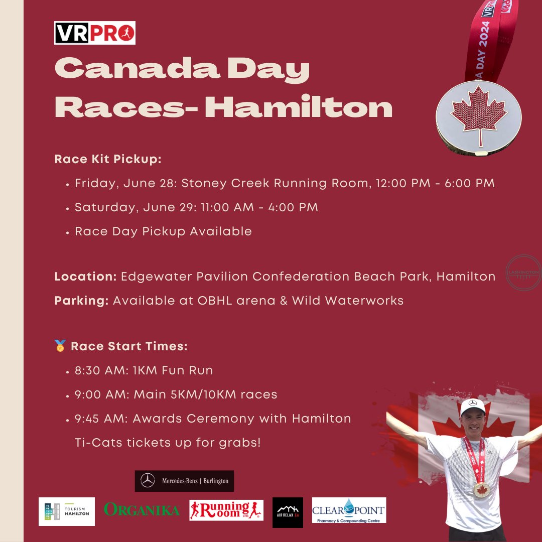 🎉 Join us in Hamilton this Canada Day for an exciting 5K/10K and 1K race! 

🗓️ Race kit collection from June 28 at Stoney Creek Running Room.

Burlington Races-  1l.ink/PW2WRF5
Hamilton Races-  1l.ink/BXR7DQR

#CanadaDay #VRPRO