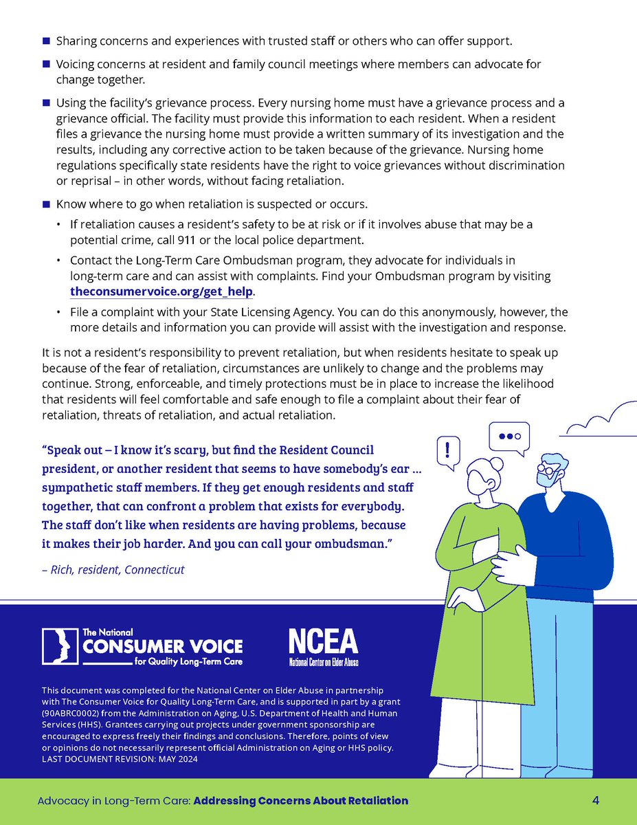 Retaliation, and the fear of retaliation, can prevent residents and family members from raising their concerns about care and safety. Read the new fact sheet from Consumer Voice and <a href="/NCEAatUSC/">National Center on Elder Abuse</a>: theconsumervoice.org/uploads/files/…