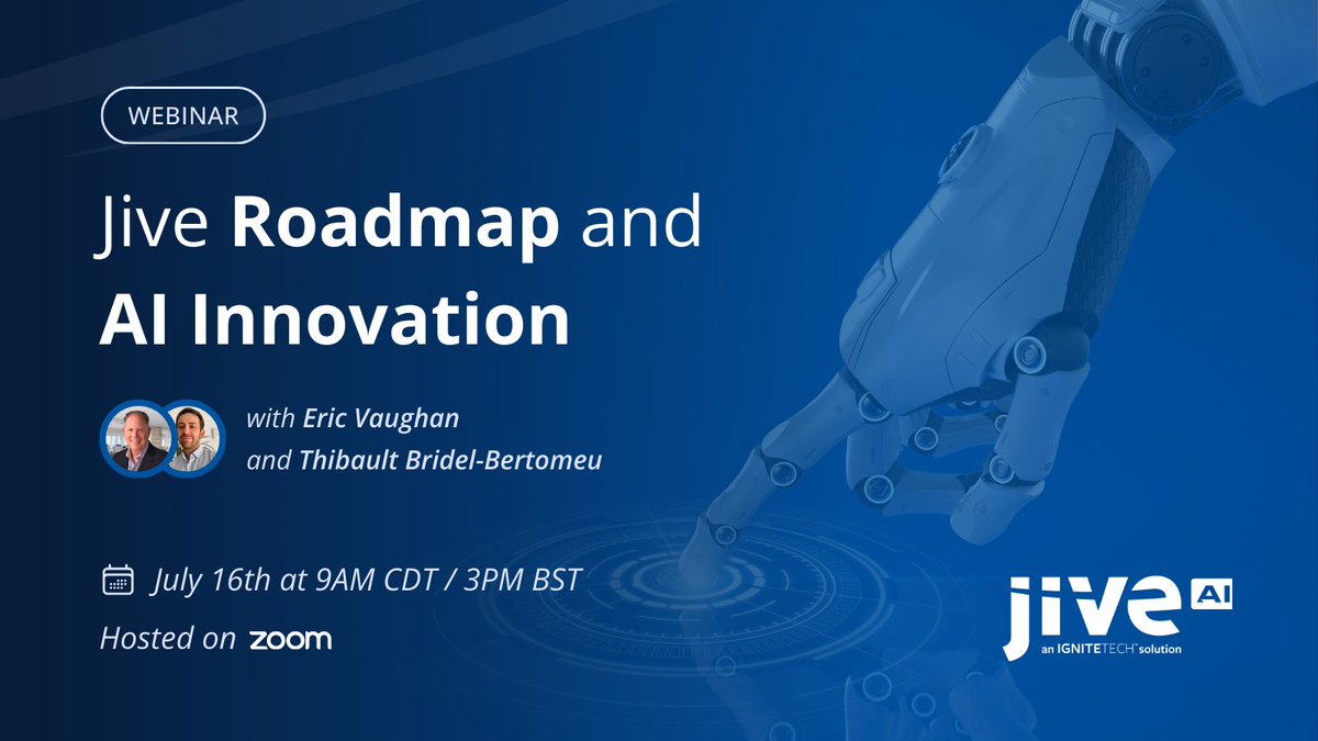 IgniteTech (@ignitetech) on Twitter photo Join us for a special Jive AI webinar: Roadmap & AI Innovation.
<a href="/TheGenAICEO/">Eric Vaughan</a> and <a href="/tbridelbertomeu/">Thibault Bridel-Bertomeu</a> will share insights into Jive's future and unveil our latest AI advancements.
Discover CoPilot and Jive Personas, our newest AI features, and get an exclusive look at what's Join us for a special Jive AI webinar: Roadmap & AI Innovation.
<a href="/TheGenAICEO/">Eric Vaughan</a> and <a href="/tbridelbertomeu/">Thibault Bridel-Bertomeu</a> will share insights into Jive's future and unveil our latest AI advancements.
Discover CoPilot and Jive Personas, our newest AI features, and get an exclusive look at what's
