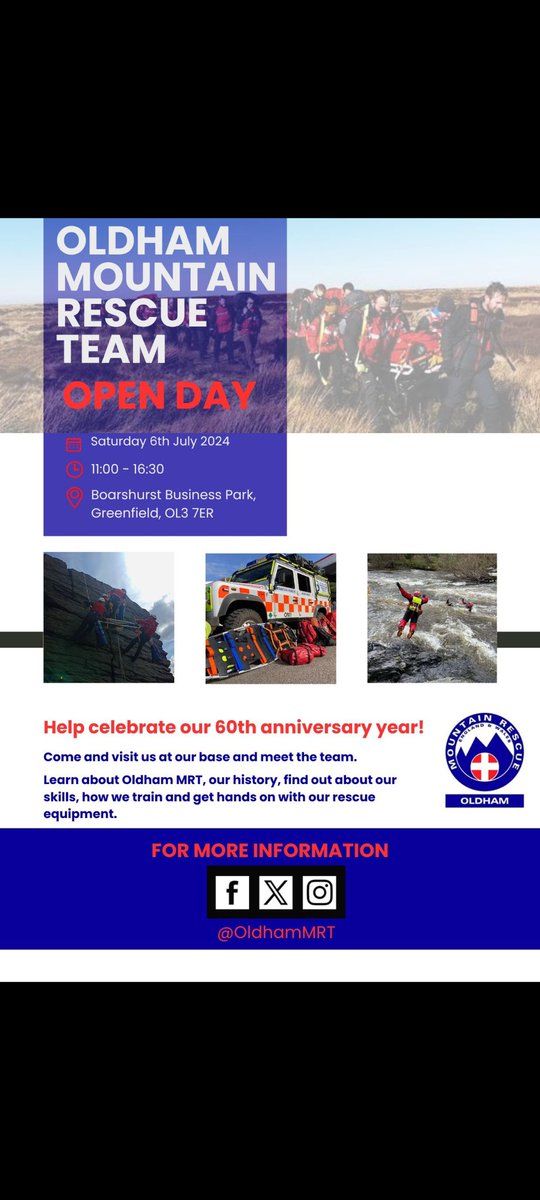 Our Open Day is on Saturday 6th July, 11:00-16:30.
Activities:
⛑️ History of the Team &amp; tours of our base
🚨 Team Vehicles &amp; Equipment Display
⛑️ Climbing &amp; Abseiling activities
🚨 Fake Wound face and body painting
⛑️ Refreshments &amp; Catering
🚒 <a href="/manchesterfire/">Greater Manchester Fire and Rescue Service</a> 
🚓 <a href="/gmpolice/">Greater Manchester Police</a>