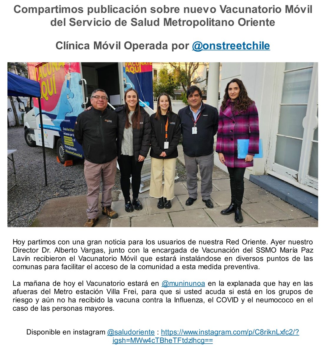 OnStreetChile's tweet photo. Compartimos publicación sobre nuevo Vacunatorio Móvil del Servicio de Salud Metropolitano Oriente.

¡Clínica Móvil Operada por @OnStreetChile!

Disponible en instagram @SALUDORIENTE : https://t.co/w6Yxa9Qgya https://t.co/u9fUvDsTx2