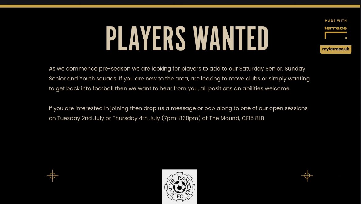 Radyr Rangers FC (@radyrrangersfc) on Twitter photo We are looking to add players to our 3 squads, come along next week or drop us a message <a href="/SouthWalesFA/">South Wales FA</a> <a href="/cardiffcomb/">Cardiff Combination</a> <a href="/lazarouleague/">Lazarou League</a> <a href="/WalesLeague/">South Wales F.A. Youth League</a> โซ๏ธโช๏ธโซ๏ธ
<a href="/RandMCCouncil/">Radyr & Morganstown Community Council</a> <a href="/TreeRex_Ltd/">TreeRex Limited</a> <a href="/ACEcast_Nation/">ACE Podcast Nation</a> <a href="/raisethebaah/">Raise The Baah</a> <a href="/FortuneWoods/">Fortune Woods</a> <a href="/nutrclinicwales/">Cardiff Nutrition</a> We are looking to add players to our 3 squads, come along next week or drop us a message <a href="/SouthWalesFA/">South Wales FA</a> <a href="/cardiffcomb/">Cardiff Combination</a> <a href="/lazarouleague/">Lazarou League</a> <a href="/WalesLeague/">South Wales F.A. Youth League</a> โซ๏ธโช๏ธโซ๏ธ
<a href="/RandMCCouncil/">Radyr & Morganstown Community Council</a> <a href="/TreeRex_Ltd/">TreeRex Limited</a> <a href="/ACEcast_Nation/">ACE Podcast Nation</a> <a href="/raisethebaah/">Raise The Baah</a> <a href="/FortuneWoods/">Fortune Woods</a> <a href="/nutrclinicwales/">Cardiff Nutrition</a>