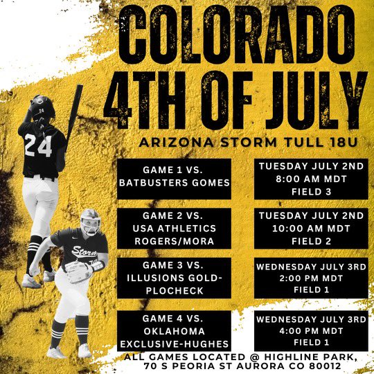 Arizona Storm Tull Colorado 4th of July tournament schedule!
<a href="/azstorm_tull/">⚡️Arizona Storm Tull⚡️</a> 
<a href="/ian_tull77/">Ian Tull</a> 
<a href="/RoadrunnerSB/">MSU Denver Softball</a> 
<a href="/CoachVanW/">Annie VanWetzinga</a>