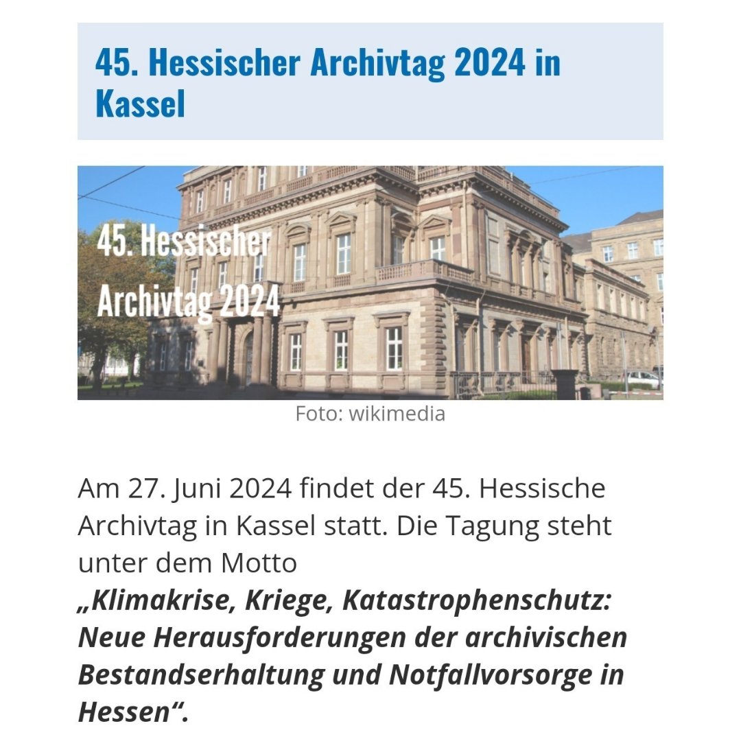 Morgen findet der 45. Hessische Archivtag in Kassel statt. Das Team des Stadtarchivs Wiesbaden wird ebenfalls vor Ort sein. Die Daheimgebliebenen wünschen der Veranstaltung einen ausgezeichneten Verlauf - sie ist ausgebucht. <a href="/VdAarchiv/">VdA</a>
#hessischerarchivtag2024 #archiv