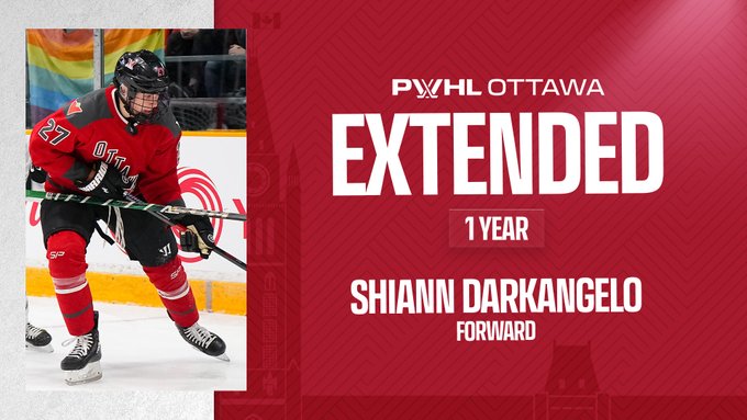Signing graphic for PWHL Ottawa. 

Shiann Darkangelo, Forward, 1 year contract. 