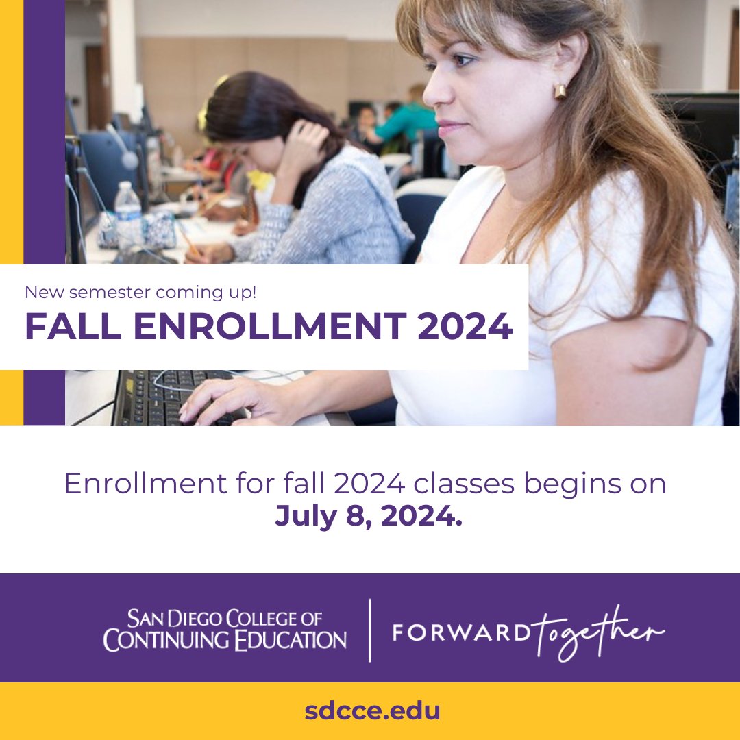 Enrollment for fall 2024 classes begins on July 8! Stay tuned for future updates on when and where you can join our outreach team at our Enroll Now Fests throughout July. In the meantime, visit sdcce.edu for more enrollment information.