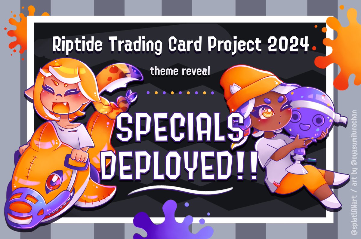 splatLANart's tweet photo. 💛 Theme Reveal!!! 💛

We are excited to formally announce the theme of the 2024 Riptide Trading Card Project: "Specials Deployed!!" 

Artists will each be illustrating a different special featured in Splatoon 3! Which special are you excited to see artwork of? 👀 Comment below! https://t.co/qDm0BFLJLn
