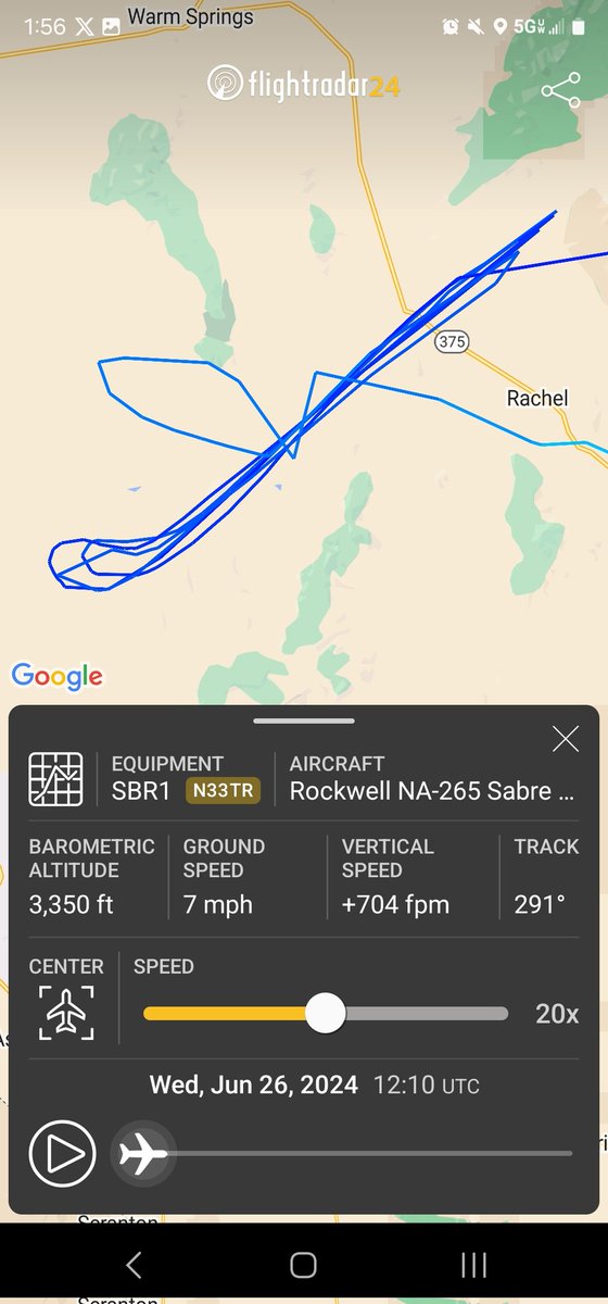 norb420's tweet photo. #A10635 as #RATT55
#A3952F as #ARZ33
Longest trackable flight of #RATT55 inside the NTTR? Looks like today's test altitudes were from 18k up to 24k feet. #ARZ33 flew racetrack pattern just North of Rachel, so presumably #RATT55 flew something similar. Tracked flight times were about two hours. #ARZ33 returned back to Nellis AFB KLSV. Very cool to be able to see this๐!