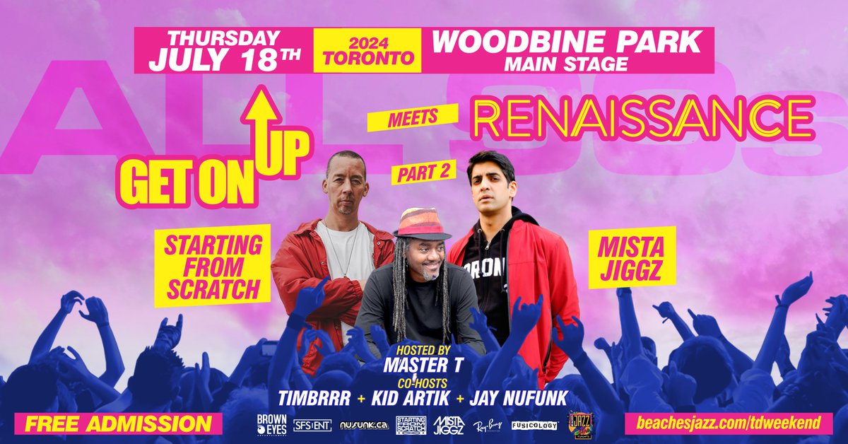 🚨Just Announced! ALL 90s! #GetOnUp &amp; #RenaissanceAll90 ft #DJStartingFromScratch aka @DJSFS, <a href="/MistaJiggz/">Mista Jiggz</a>, legendary #MuchMusic host @MasterTtv, <a href="/KidArtik/">Kid Artik</a> &amp; more 
🪩 FREE at @BeachesJazz Thursday, July 18th 7pm to 11pm at Woodbine Park #Toronto. 
RSVP NOW👉All-90s.eventbrite.ca