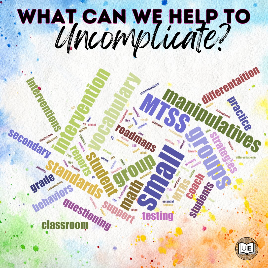 Uncomplicate_Ed's tweet image. We asked the 1300 attendees of the @fctmath conference what we could help to uncomplicate. This is what they said!
The top 3 were:
➕ Small groups, intervention, MTSS
➕ Manipulatives
➕ Vocab
What was missed? Share it in the comments!
#mathinstruction #math #mathteacher