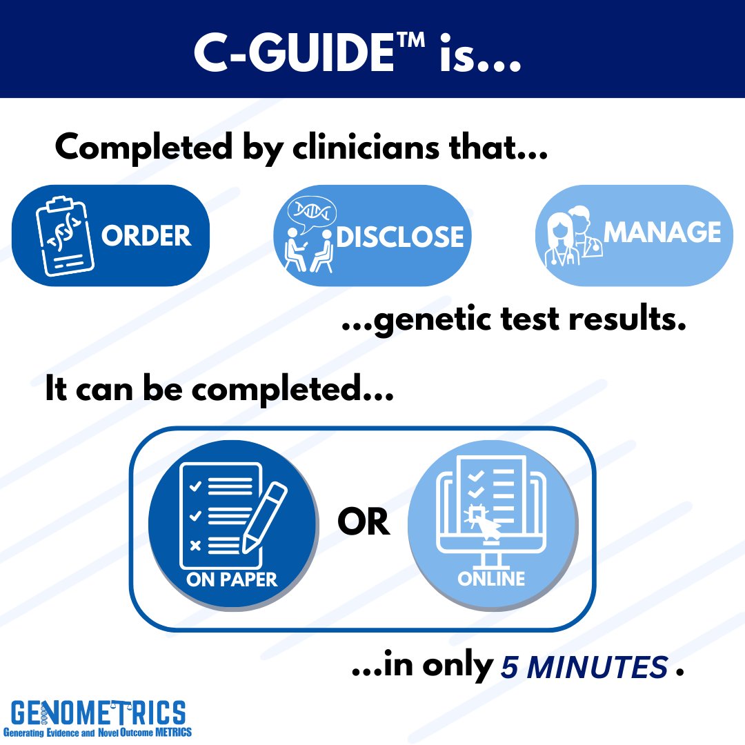 RobinHayeems's tweet image. Evidence on #ClinicalUtility is needed to to inform #HealthPolicy and funding decisions related to #GeneticTesting. Our C-GUIDE tool is a fast and easy way to build this evidence! Find out more here: lab.research.sickkids.ca/hayeems/c-guid…