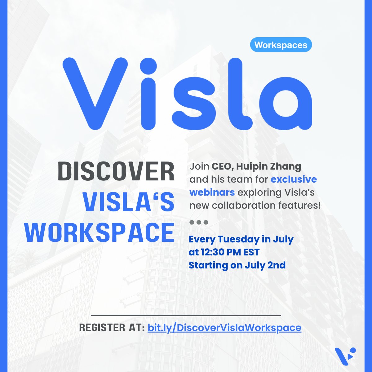 visla_us's tweet photo. ๐ Join our CEO Huipin Zhang & team for the "Discover Visla's Workspace" webinar series! Learn about our new collaboration features every Tuesday in July at 12:30 PM EST, starting July 2nd.
๐๏ธ Register now: https://t.co/TrQiZRwdMe
#Webinar #Videocollaboration #videotools https://t.co/Y2YalLfk9a