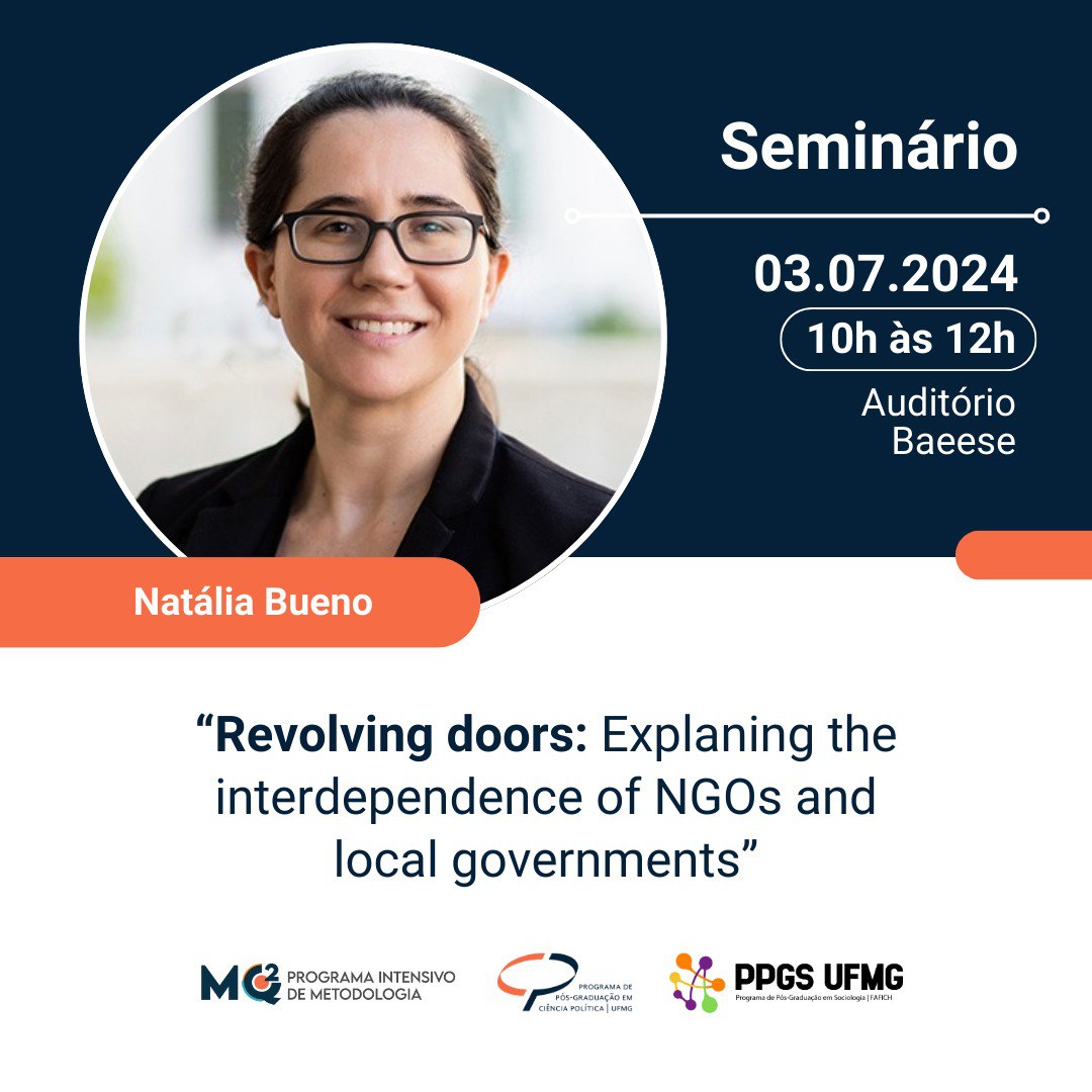 🎓🌐 Não perca o seminário 'Revolving doors: Explaining the interdependence of NGOs and local governments' com Natália Bueno! 

🗓️ Data: 03.07.2024
⏰ Hora: 10h às 12h
📍 Local: Auditório Baees, UFMG