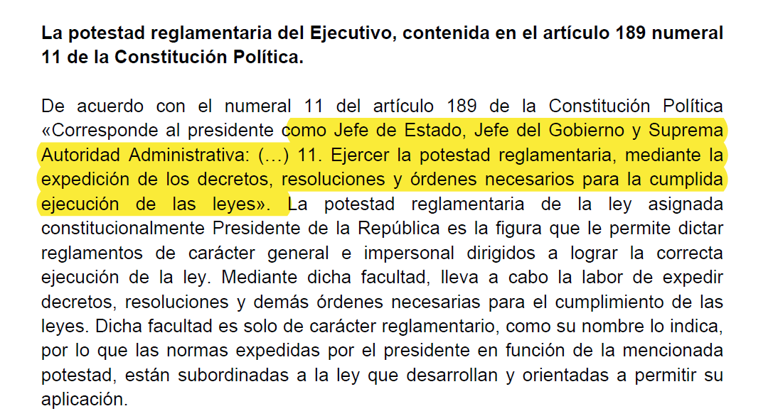 PalmaEdwin's tweet photo. Numeral 11 del artículo 189 de la Constitución Política: 
«Corresponde al presidente como Jefe de Estado, Jefe del Gobierno y Suprema Autoridad Administrativa: (…) 11. Ejercer la potestad reglamentaria, mediante la expedición de los decretos, resoluciones y órdenes necesarios para la cumplida ejecución de las leyes»

Eso nada tiene que ver con el debate parlamentario y la reserva de ley.  Mezclan peras con manzanas.