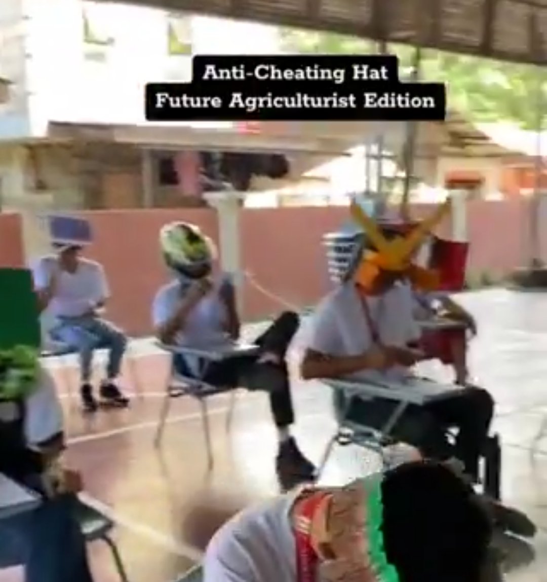 Alon245200's tweet photo. Students at a college in Legazpi City, Philippines made hats for their exam to prevent peaking at others' papers https://t.co/4f1RubrJmu